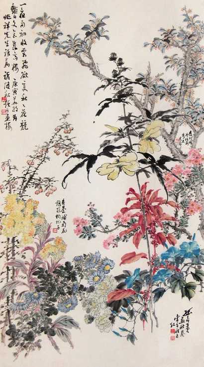 诸健秋 陈旧村等 庚寅（1950年）作 花卉 立轴